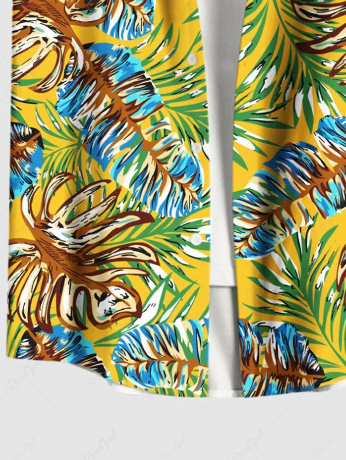 Plus Size Colorful Tropical Leaves Printed Hawaii Button Pocket Shirt For Men