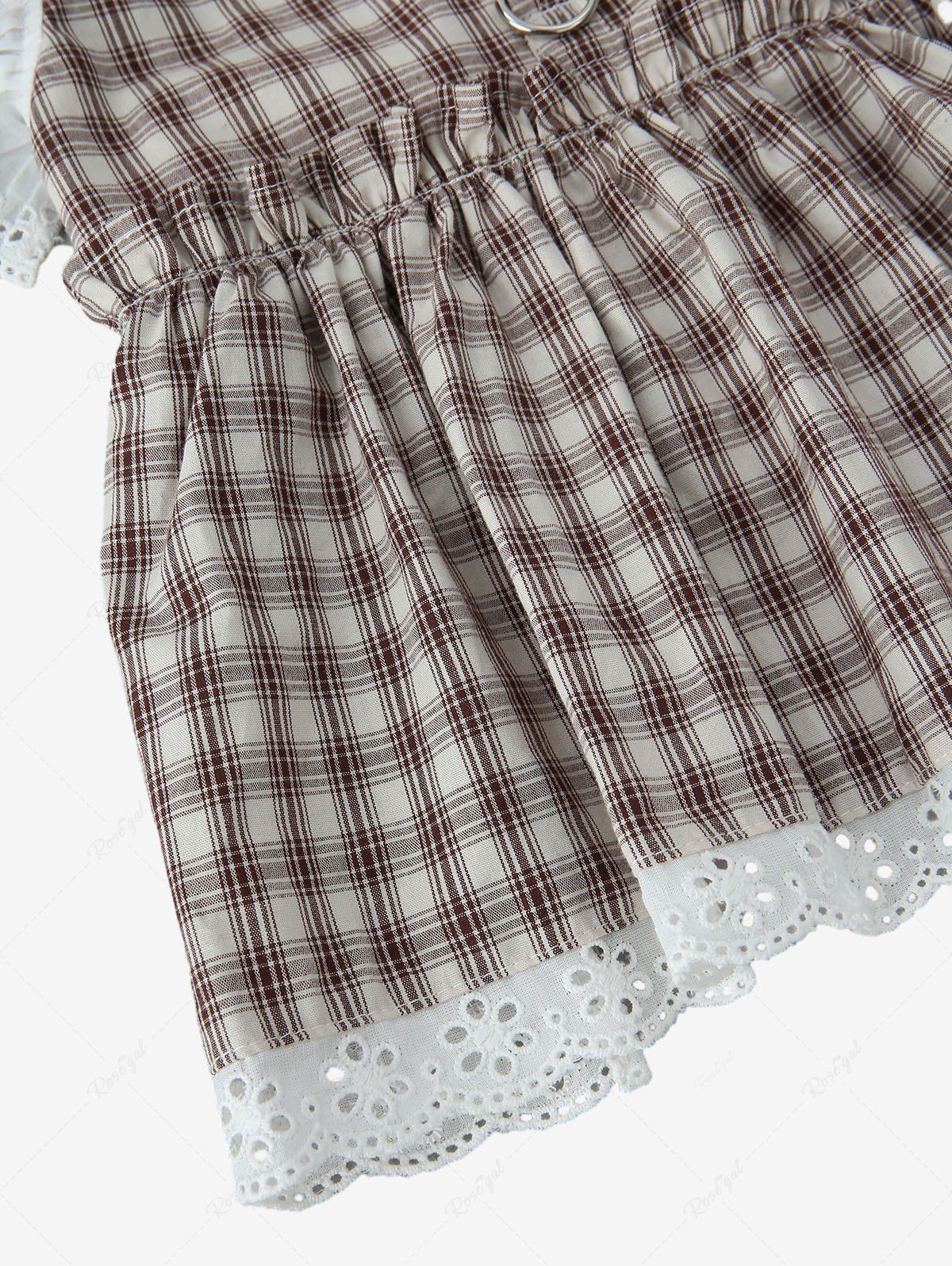 Pet's Plaid Printed Floral Lace Trim Dress With Hat