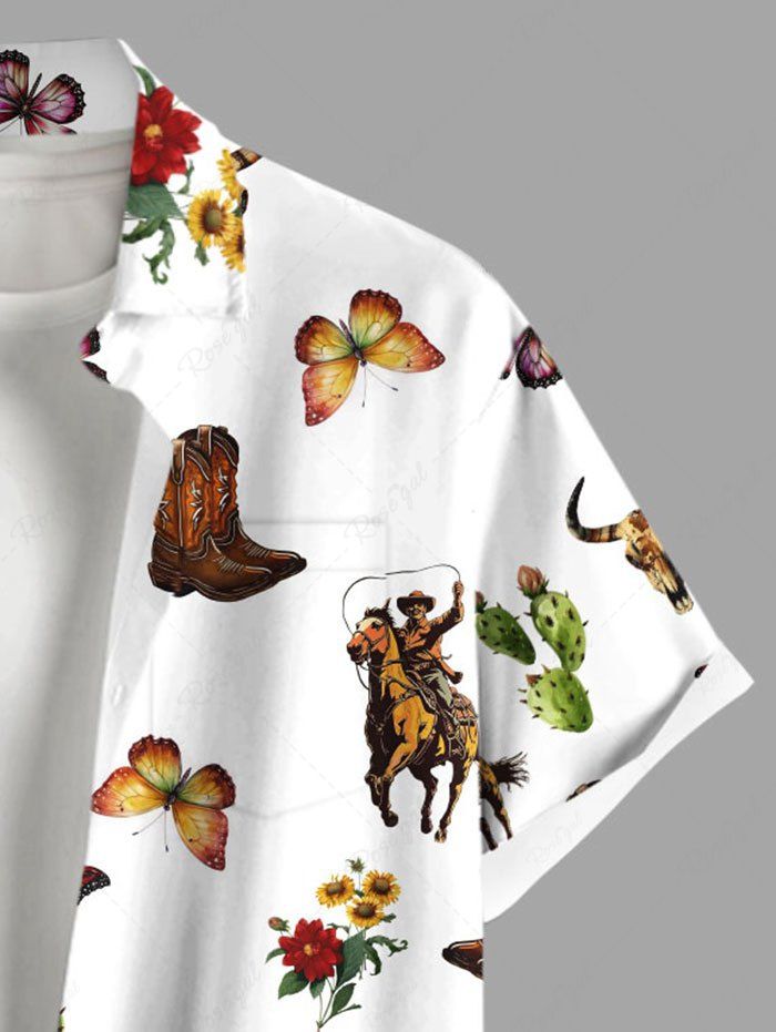 Plus Size Cactus Flowers Horse Butterfly Boots Printed Buttons Pocket Women Shirt