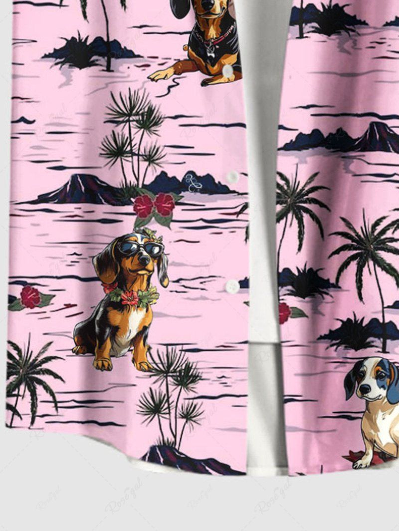 Plus Size Coconut Tree Dogs Printed Buttons Pocket Hawaii Women Shirt