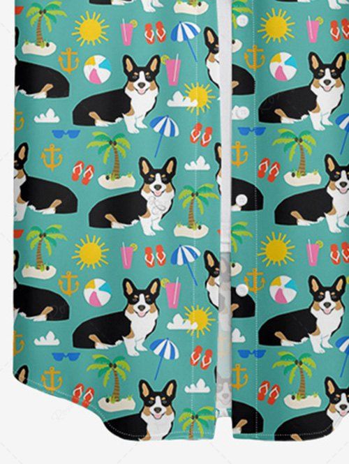 Coconut Tree Sun Cute Dog Printed Hawaii Button Pocket Women Shirt