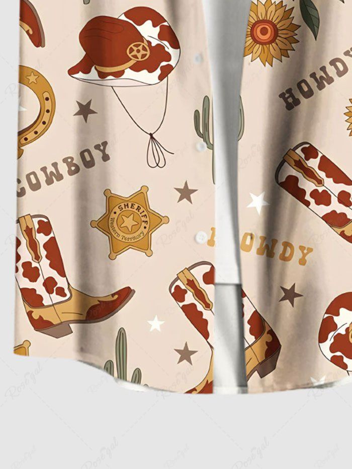 Plus Size Cactus Hat Boots Floral Letters Printed Western Cowboy Style Hawaii Button Pocket Shirt For Men