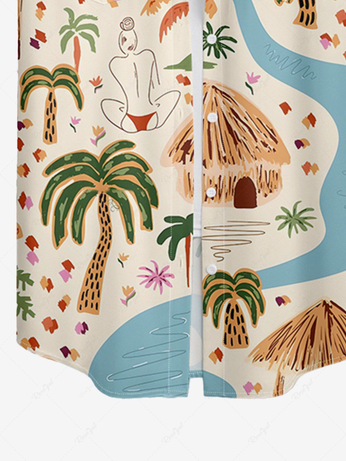 Coconut Tree River Floral Straw House Printed Hawaii Button Pocket Women Shirt