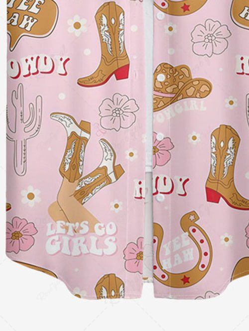 Cactus Hat Boots Floral Letters Printed Hawaii Western Cowboy Style Women Shirt