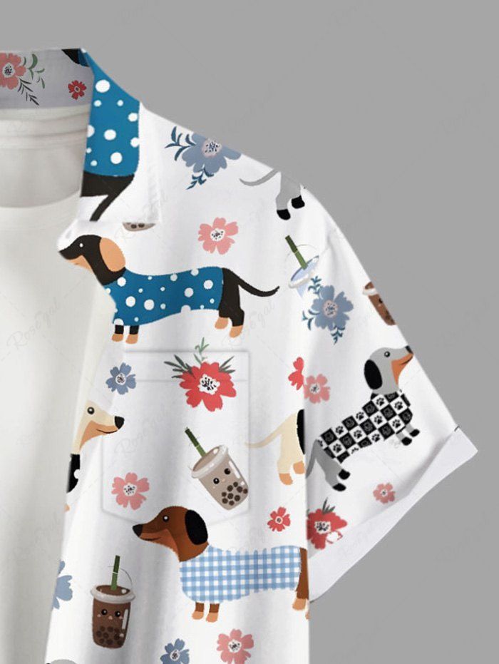 Plus Size Plaid Spotted Dog Juice Floral Printed Button Pocket Women Shirt