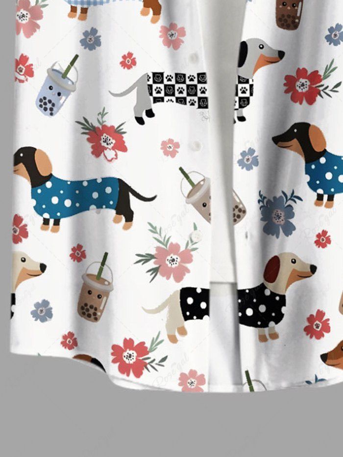 Plus Size Plaid Spotted Dog Juice Floral Printed Button Pocket Women Shirt