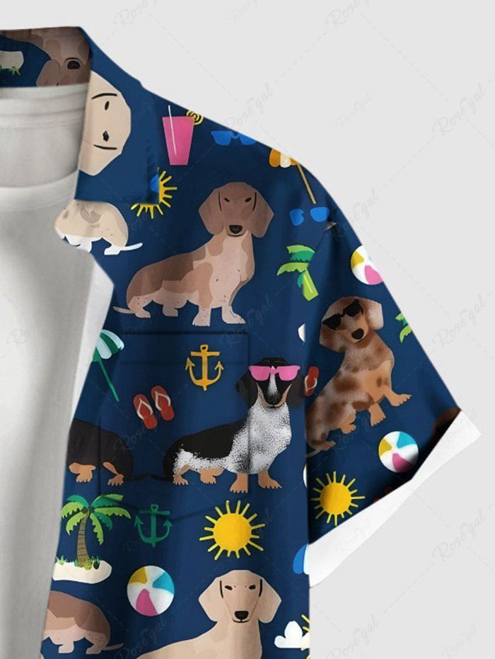 Plus Size Coconut Tree Sun Juice Colorful Dog Printed Hawaii Button Pocket Women Shirt