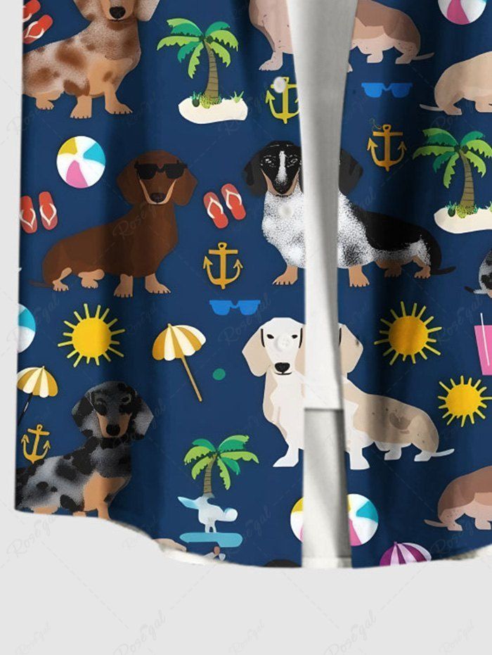 Plus Size Coconut Tree Sun Juice Colorful Dog Printed Hawaii Button Pocket Women Shirt