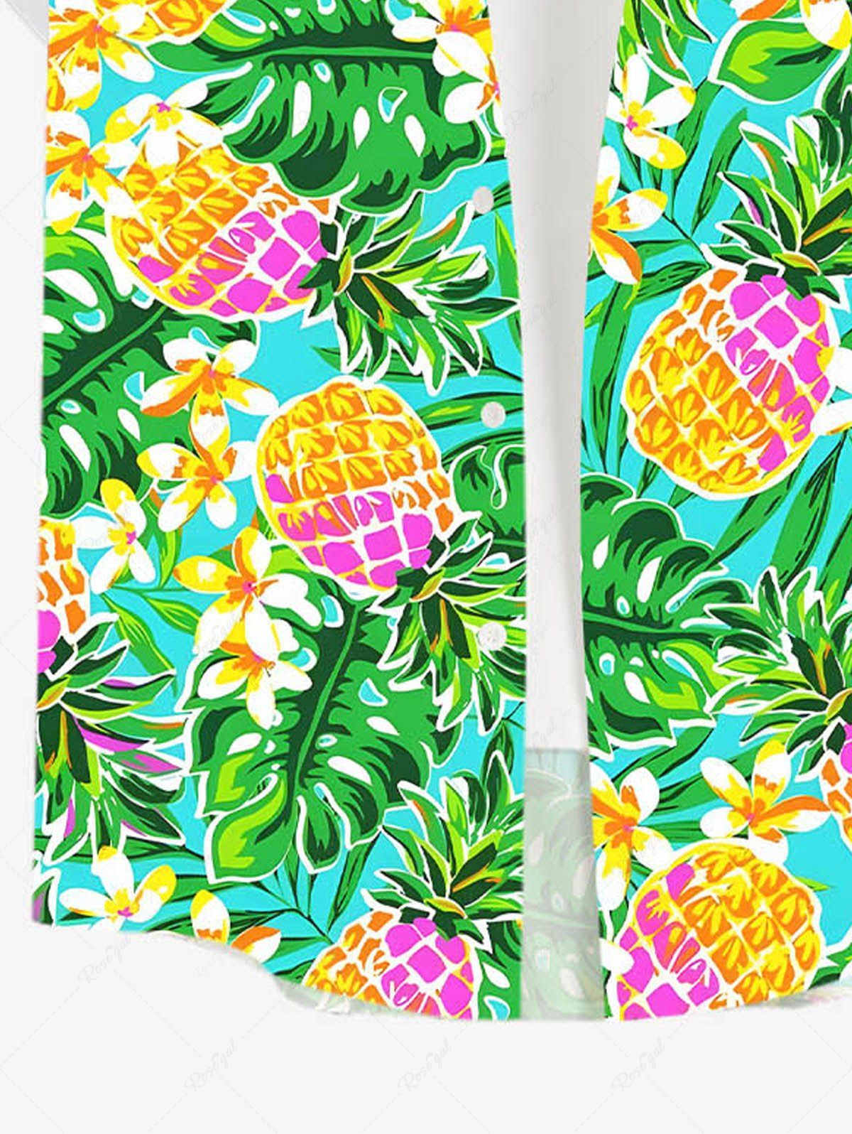 Plus Size Topical Leaf Flowers Pineapple Printed Buttons Pocket Hawaii Women Shirt