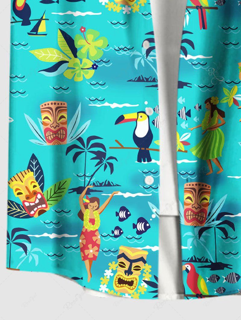 Plus Size Coconut Tree Flowers Sea Waves Fish Bird Masks Printed Buttons Pocket Hawaii Women Shirt