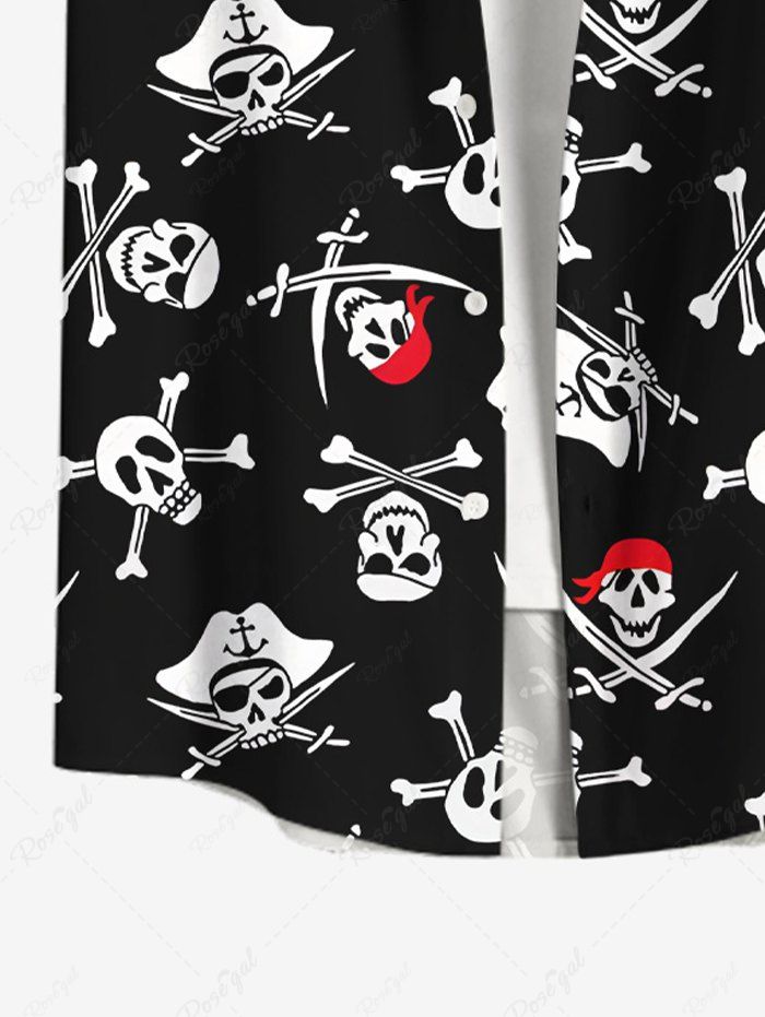 Plus Size Skulls Pirate Dagger Printed Buttons Pocket Hawaii Women Shirt