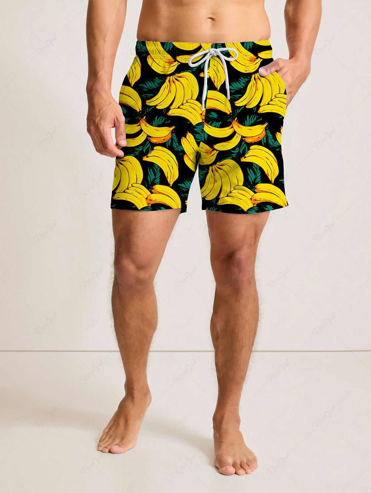 Plus Size Banana Tropical Leaves Printed Hawaii Drawstring Beach Shorts For Men