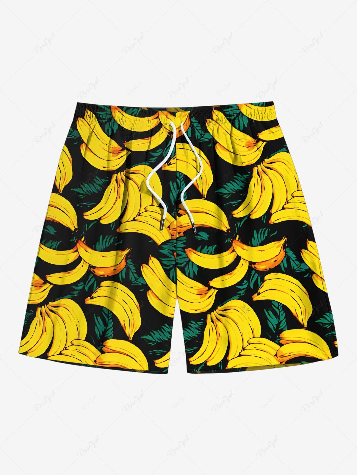 Plus Size Banana Tropical Leaves Printed Hawaii Drawstring Beach Shorts For Men