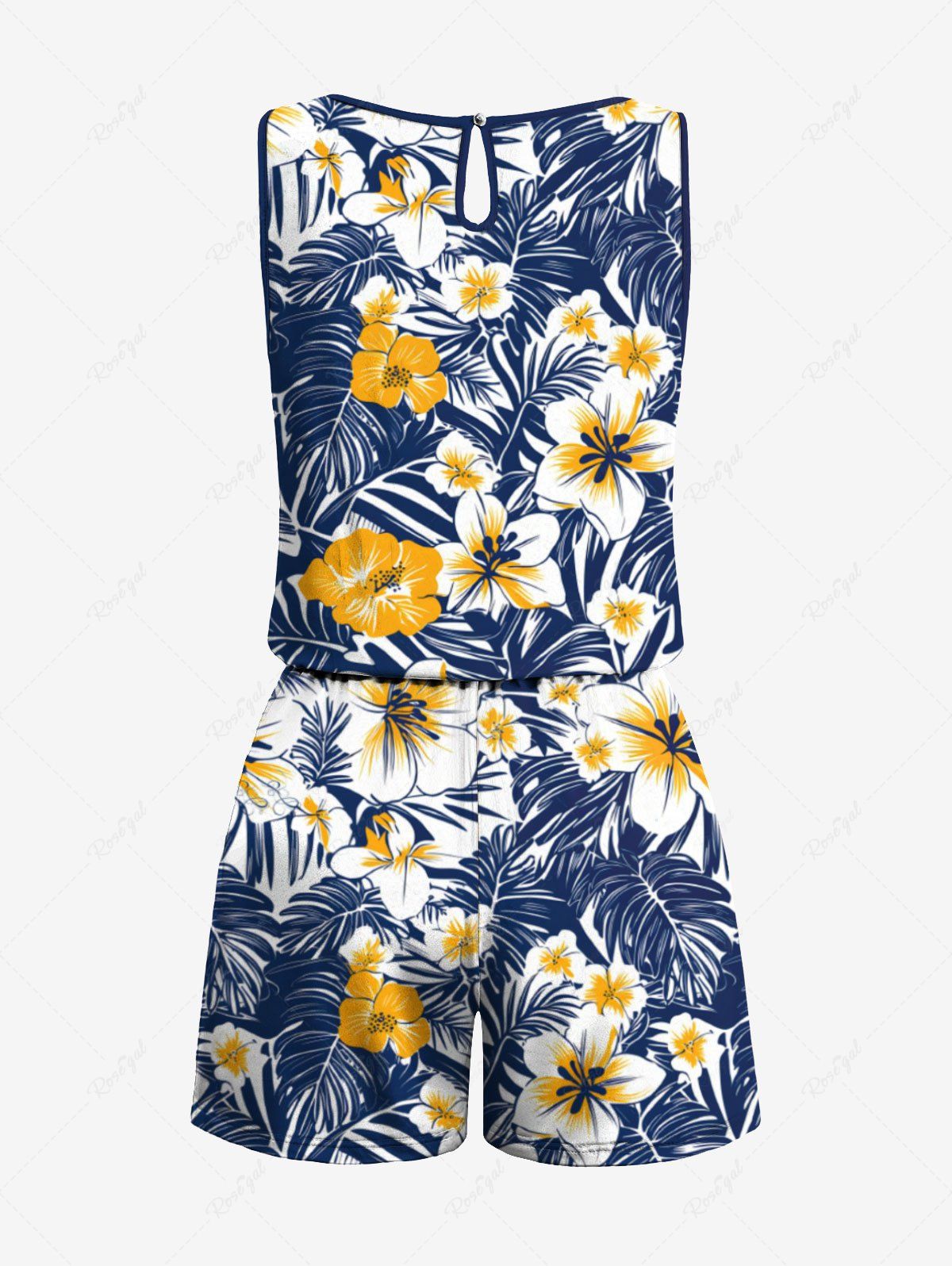 Plus Size Tropical Leaves Floral Printed Hawaii Drawstring Pocket Romper