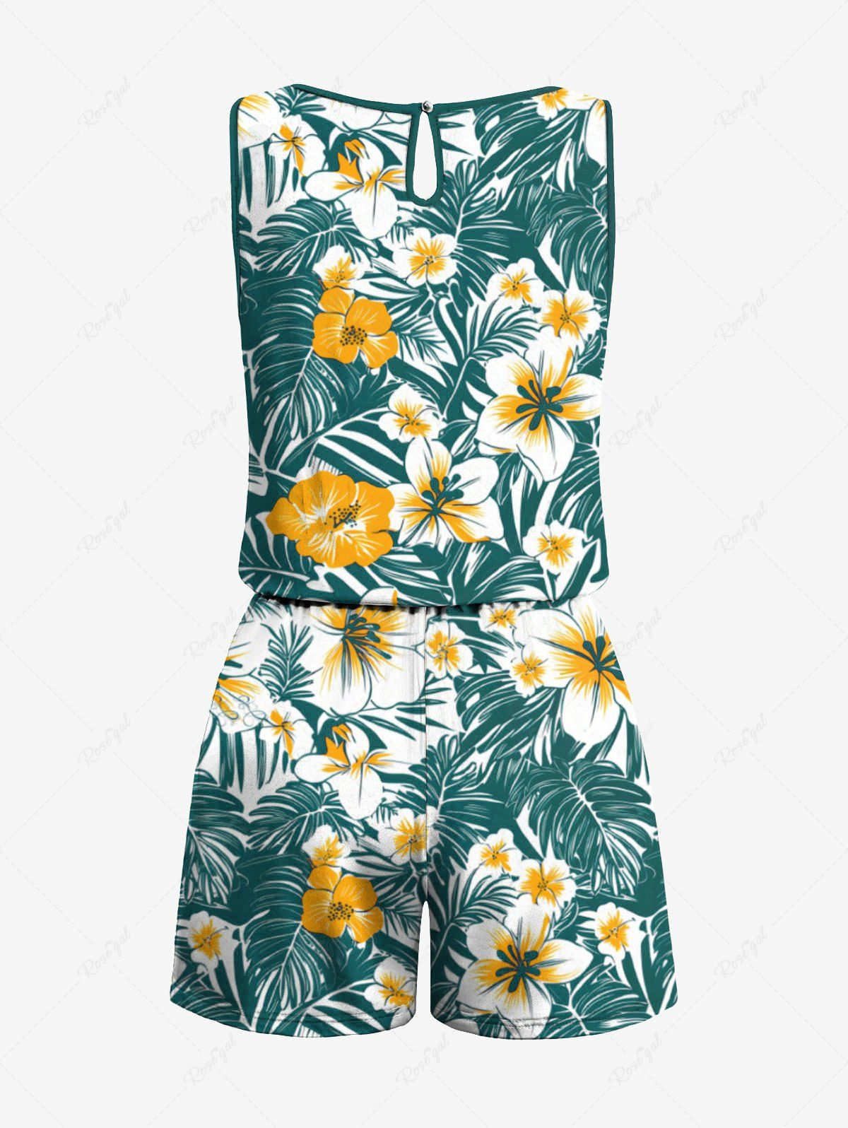Plus Size Tropical Leaves Floral Print Hawaii Drawstring Pocket Romper