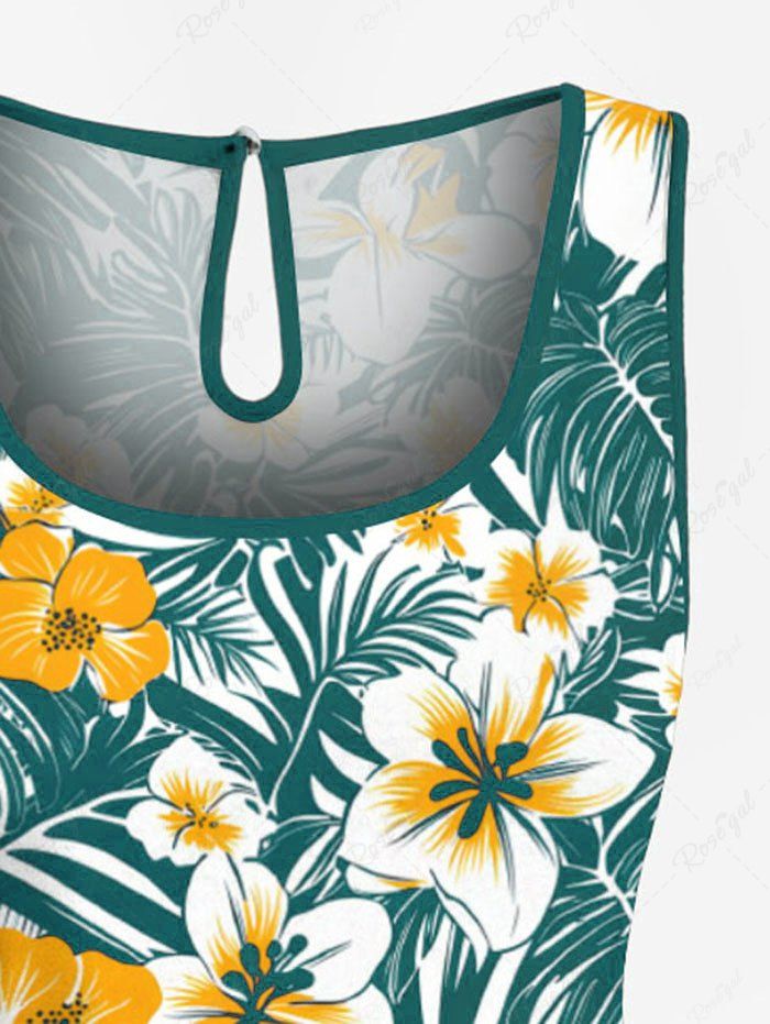 Plus Size Tropical Leaves Floral Print Hawaii Drawstring Pocket Romper