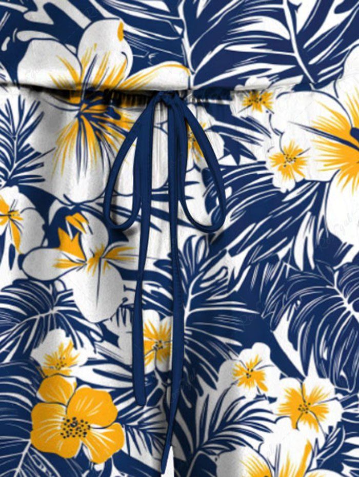 Plus Size Tropical Leaves Floral Printed Hawaii Drawstring Pocket Romper
