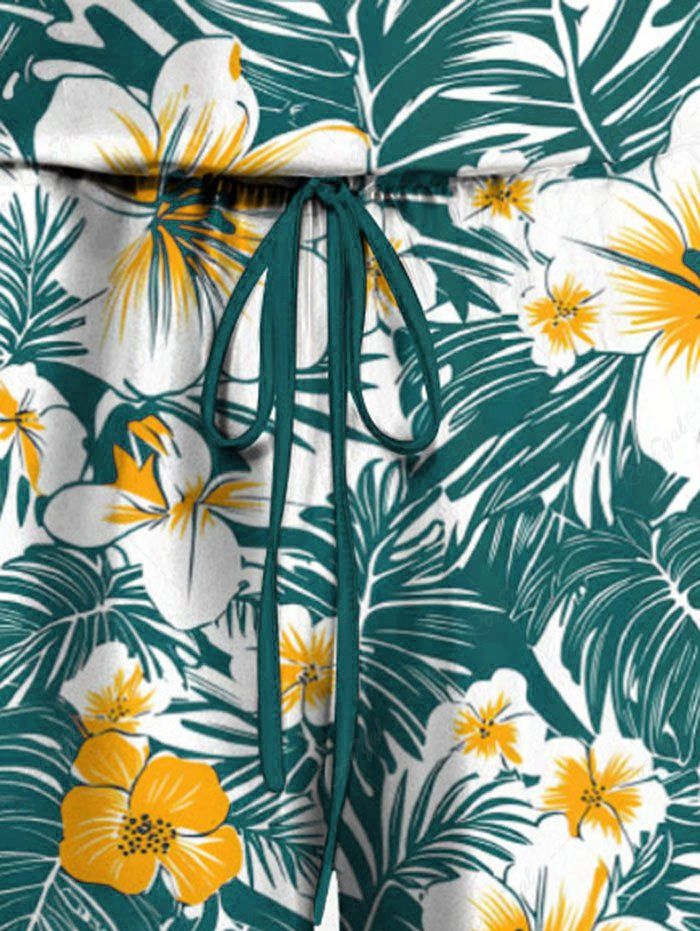 Plus Size Tropical Leaves Floral Print Hawaii Drawstring Pocket Romper