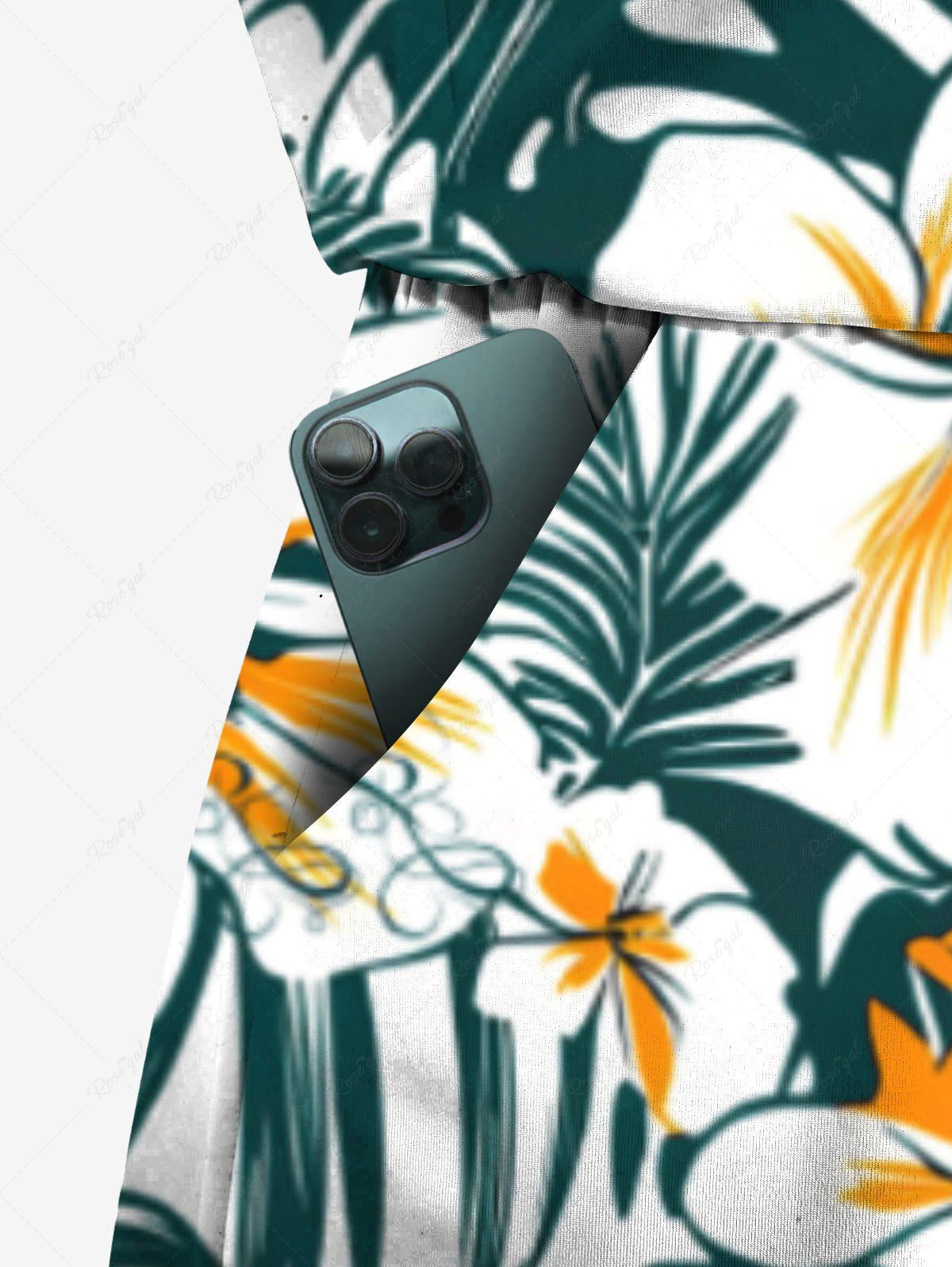 Plus Size Tropical Leaves Floral Print Hawaii Drawstring Pocket Romper