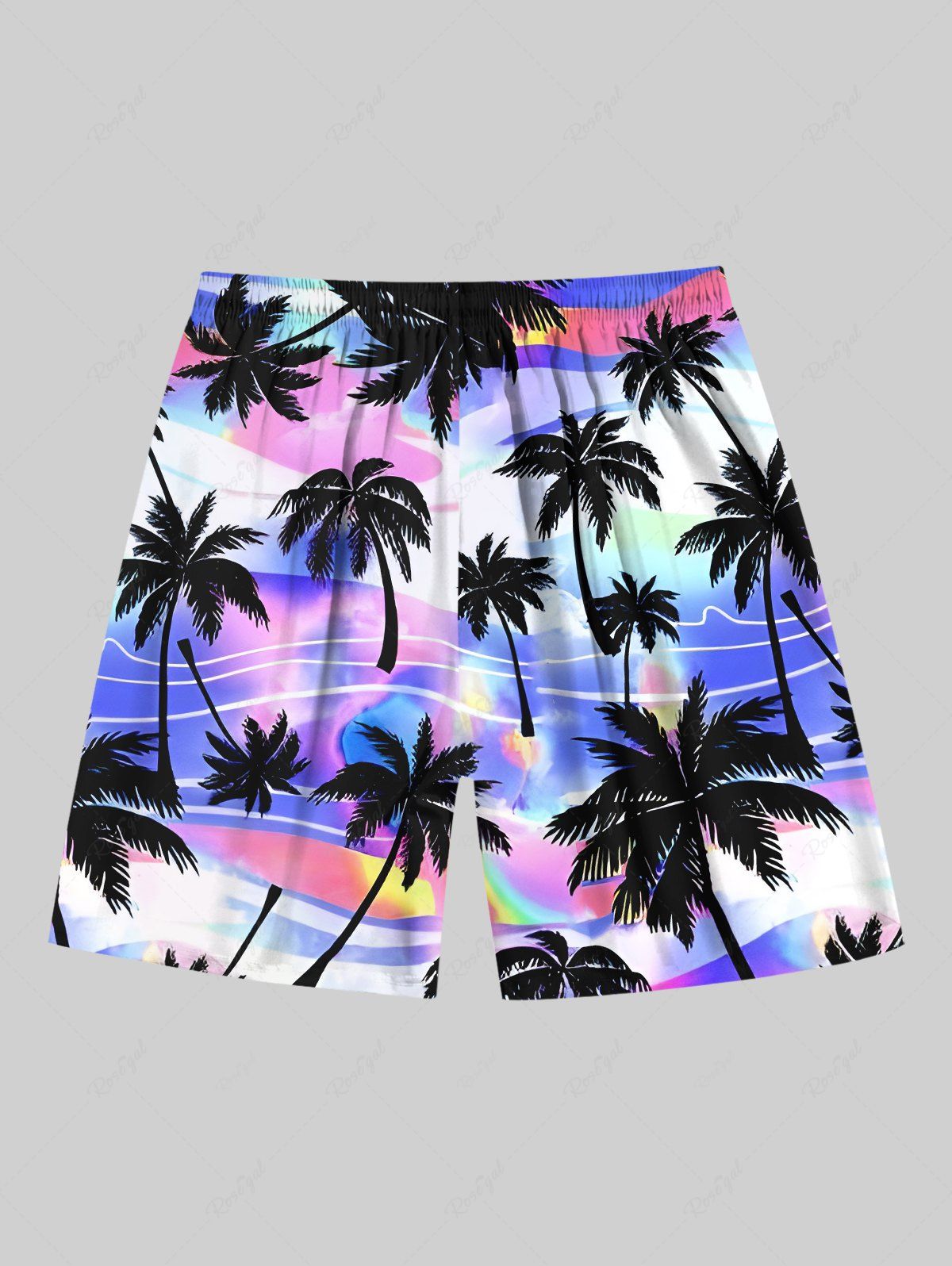 Plus Size Coconut Tree Ombre Light Wave Curve Printed Hawaii Drawstring Beach Shorts For Men