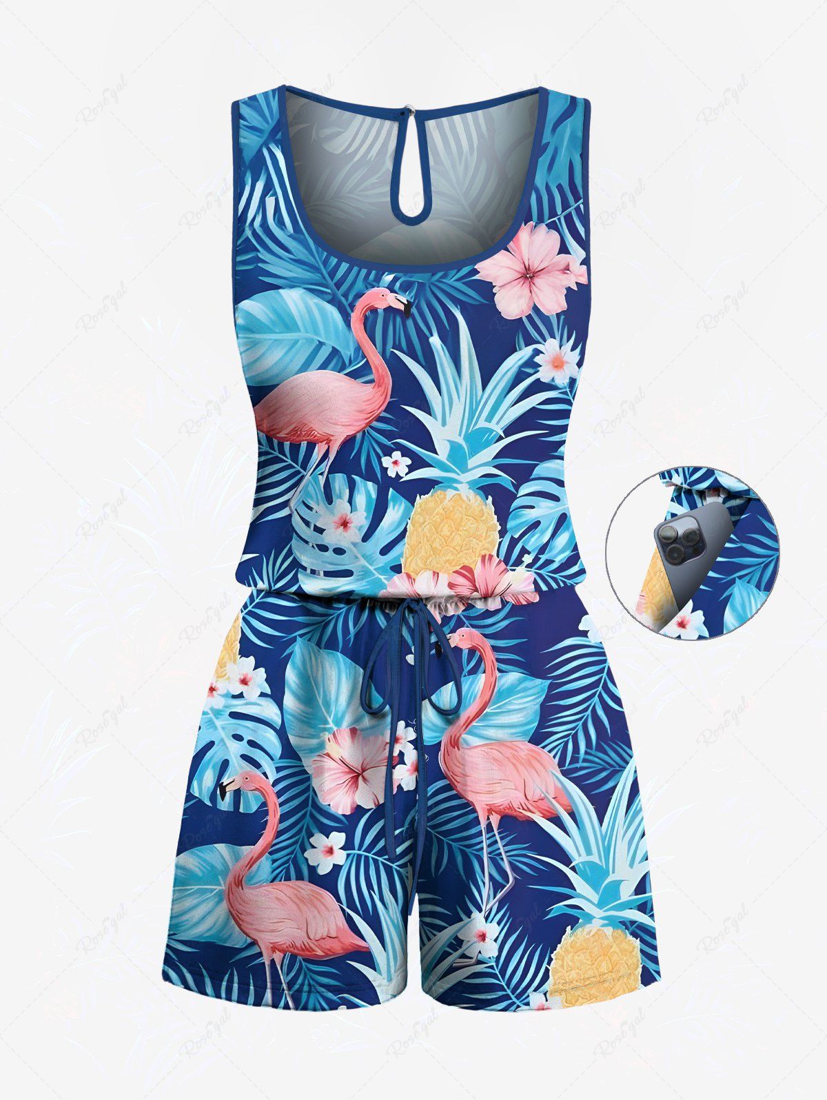 Plus Size Flamingo Tropical Leaf Hbiscus Flower Printed Cinched Hawaii Romper