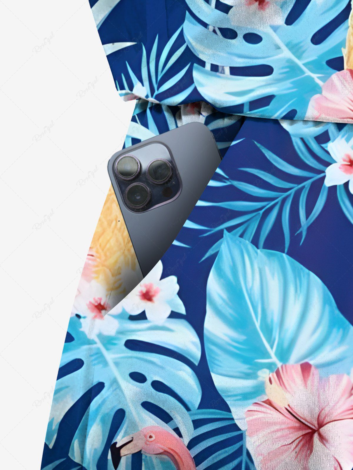 Plus Size Flamingo Tropical Leaf Hbiscus Flower Printed Cinched Hawaii Romper