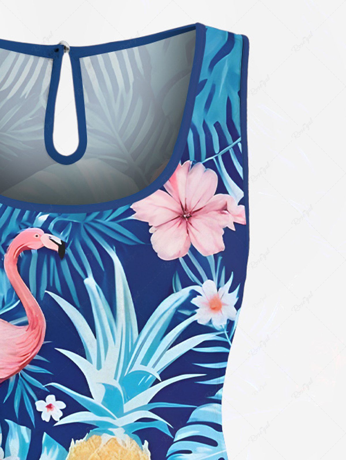 Plus Size Flamingo Tropical Leaf Hbiscus Flower Printed Cinched Hawaii Romper