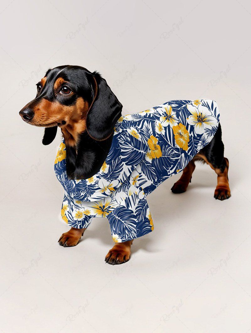 Pet's Tropical Leaves Hibiscus Floral Printed Hawaii Button Shirt