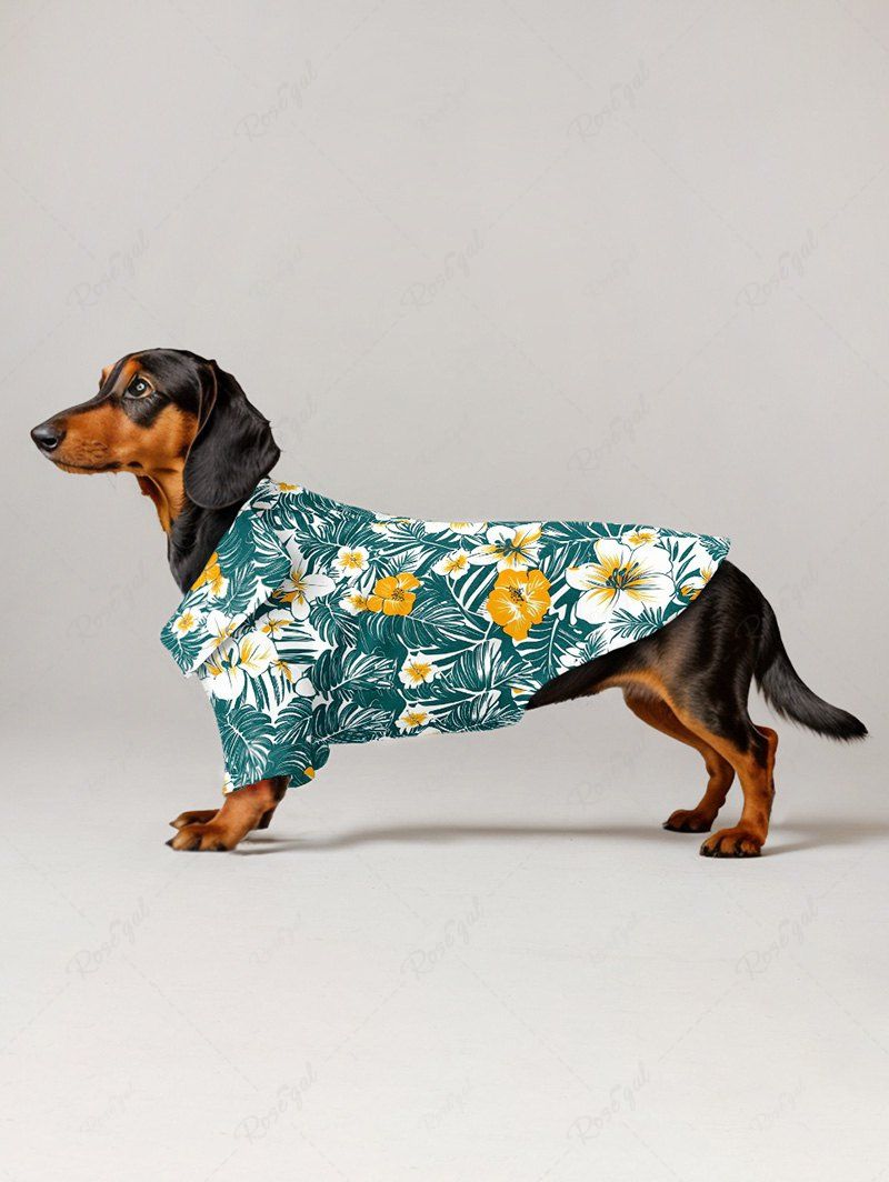 Pet's Tropical Leaves Hibiscus Floral Print Hawaii Button Shirt