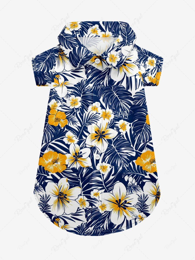 Pet's Tropical Leaves Hibiscus Floral Printed Hawaii Button Shirt