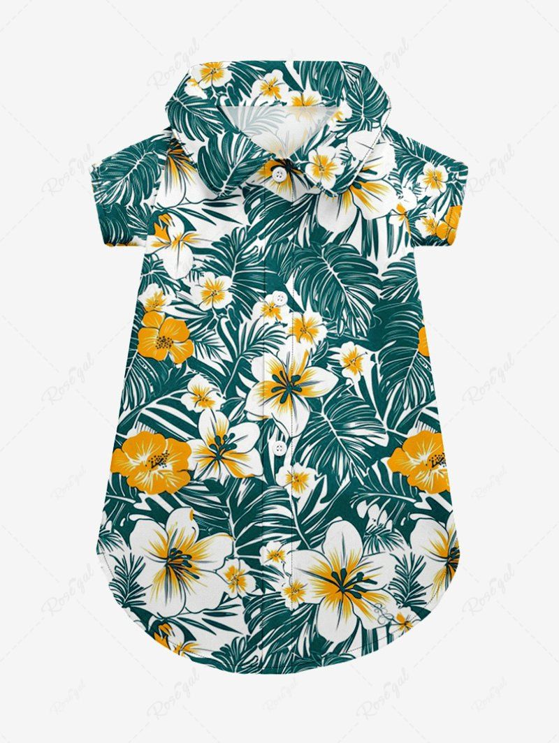Pet's Tropical Leaves Hibiscus Floral Print Hawaii Button Shirt