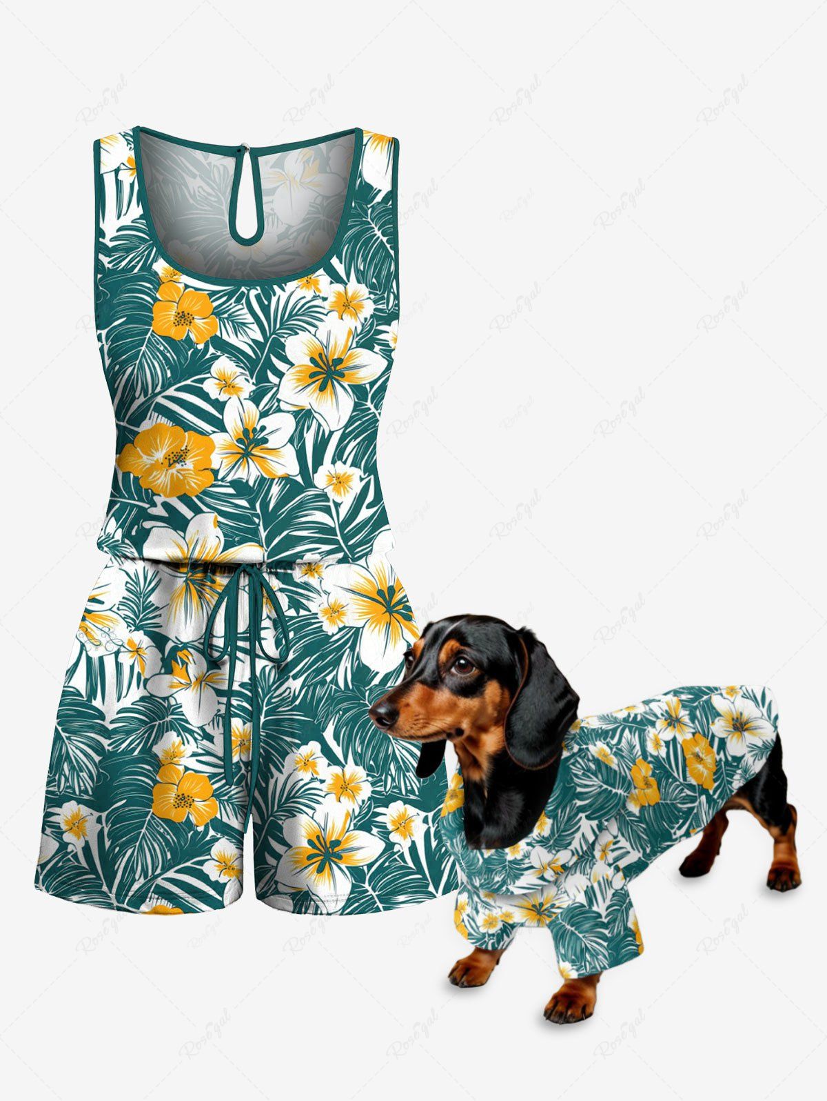 Tropical Leaves Floral Print Hawaii Shirt Romper Dog And Owner Matching Outfits