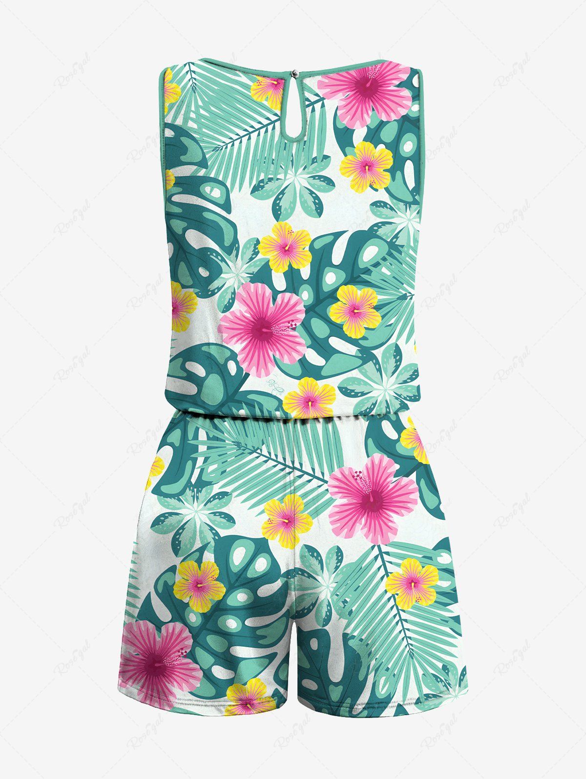 Plus Size Tropical Leaf Hibiscus Flower Printed Cinched Hawaii Romper