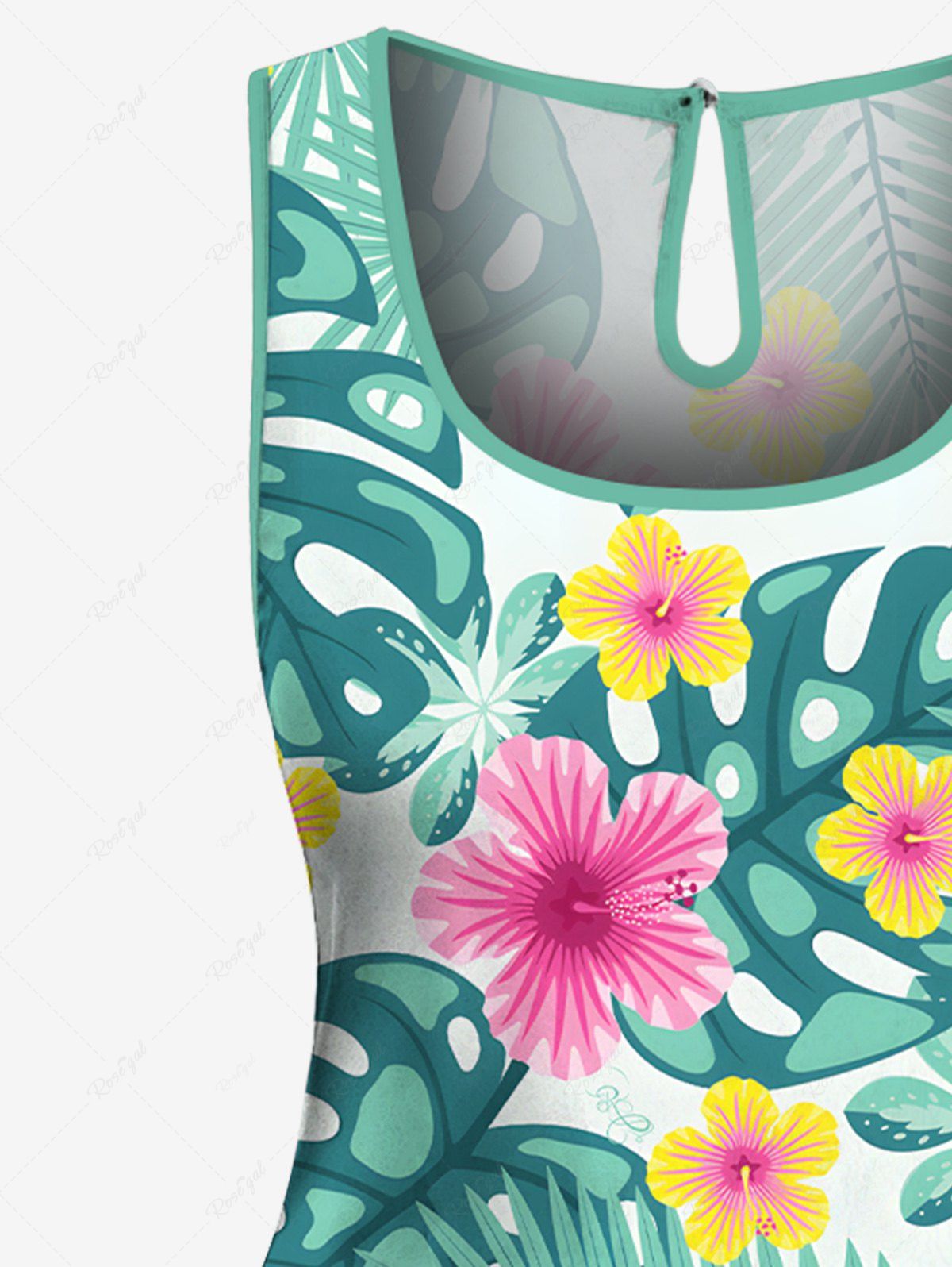 Plus Size Tropical Leaf Hibiscus Flower Printed Cinched Hawaii Romper