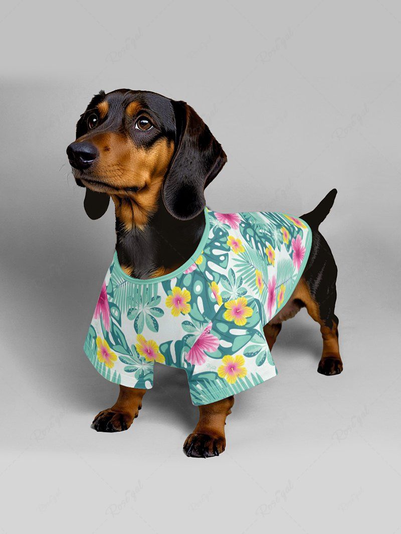 Pet's Tropical Leaf Hibiscus Flower Printed Cinched Hawaii T-shirt