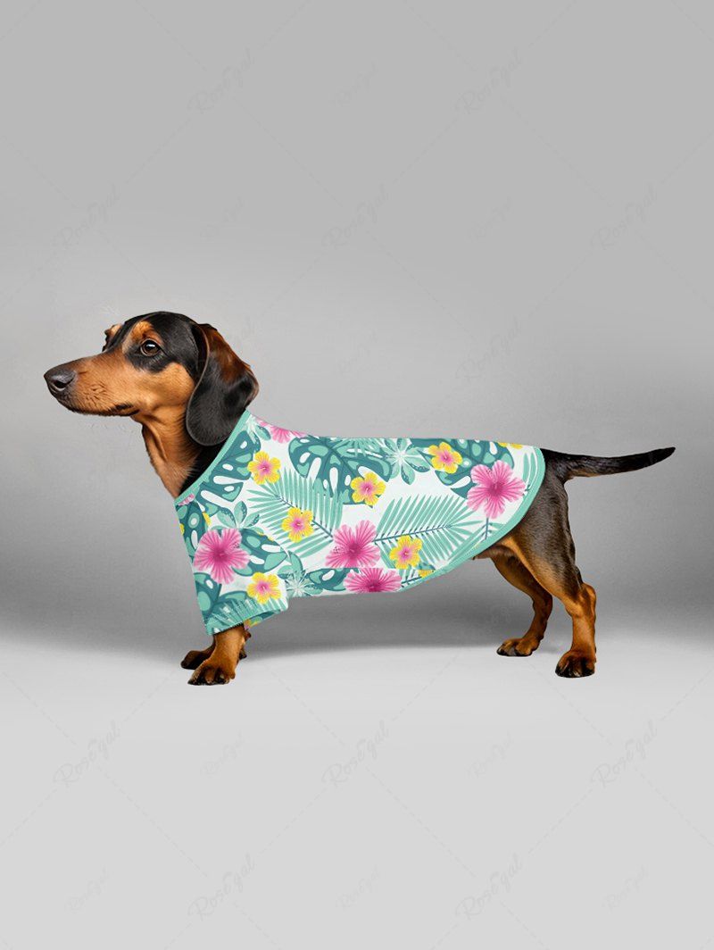 Pet's Tropical Leaf Hibiscus Flower Printed Cinched Hawaii T-shirt