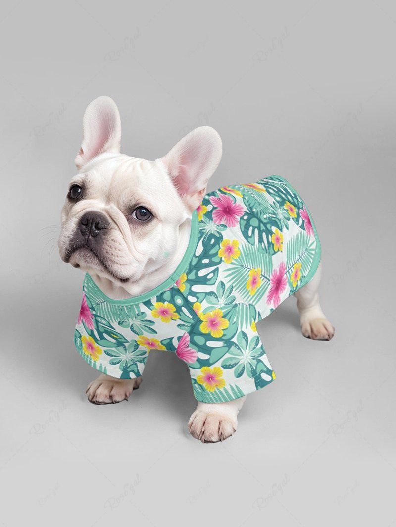 Pet's Tropical Leaf Hibiscus Flower Printed Cinched Hawaii T-shirt