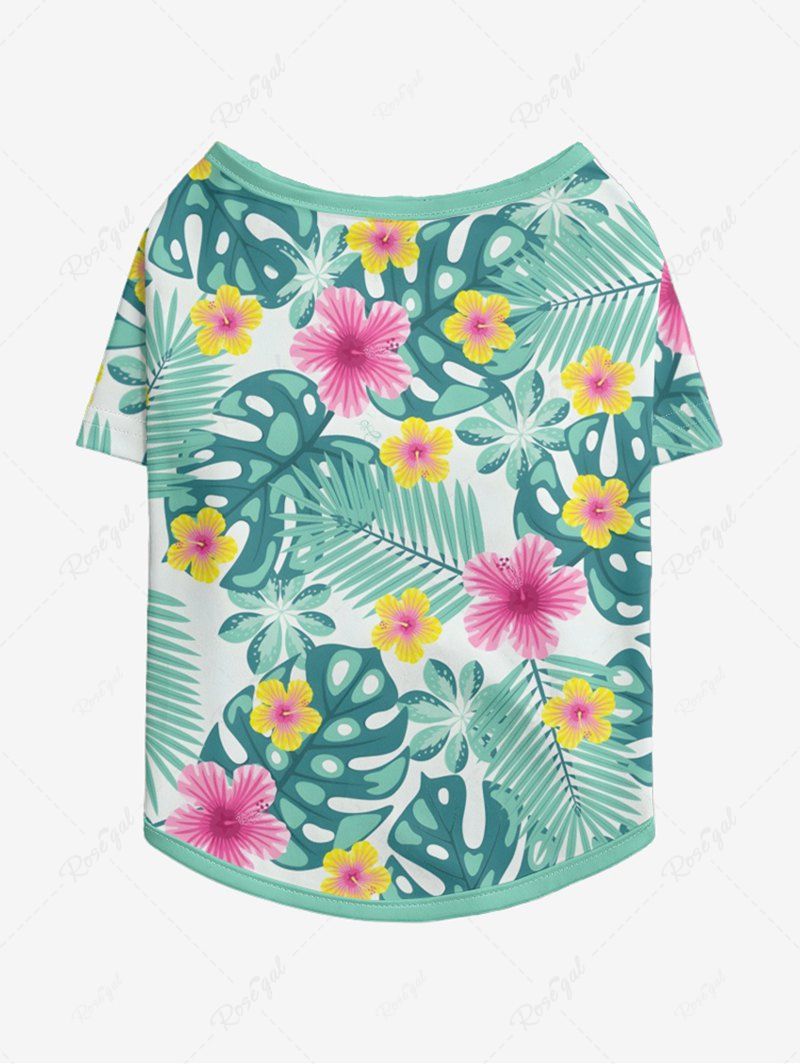 Pet's Tropical Leaf Hibiscus Flower Printed Cinched Hawaii T-shirt