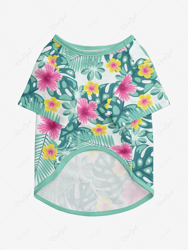 Pet's Tropical Leaf Hibiscus Flower Printed Cinched Hawaii T-shirt