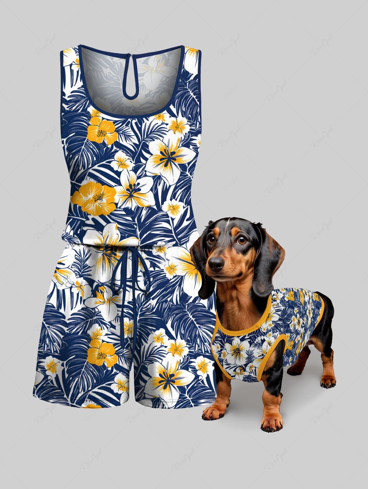 Tropical Leaves Floral Printed Tank Top Romper Hawaii Dog And Owner Matching Outfits