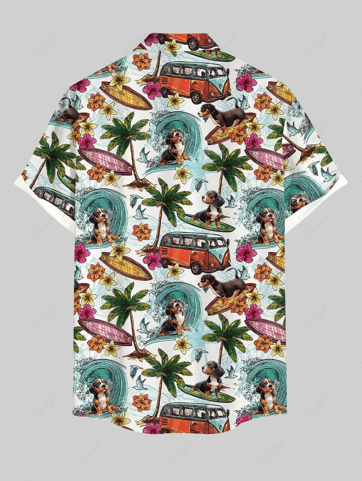 Plus Size Sea Waves Coconut Tree Flowers Dog Bus Printed Buttons Pocket Hawaii Shirt For Men