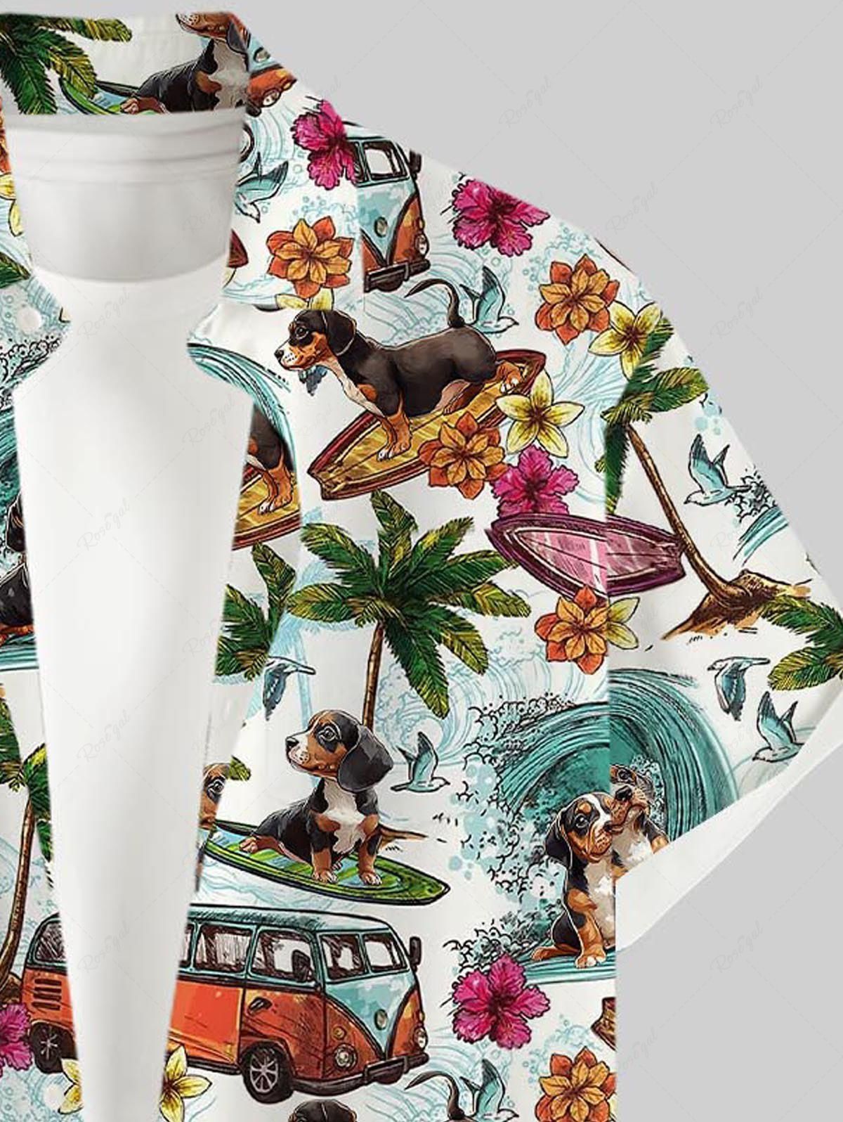 Plus Size Sea Waves Coconut Tree Flowers Dog Bus Printed Buttons Pocket Hawaii Shirt For Men