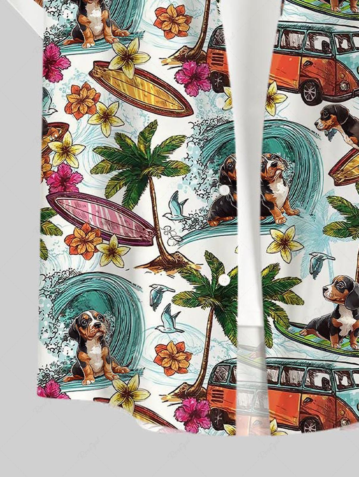 Plus Size Sea Waves Coconut Tree Flowers Dog Bus Printed Buttons Pocket Hawaii Shirt For Men
