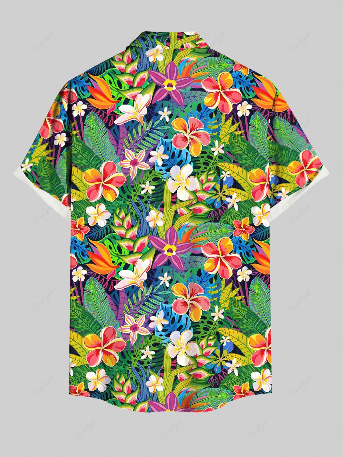 Plus Size Tropical Leaf Hibiscus Flower Printed Buttons Pocket Hawaii Women Shirt