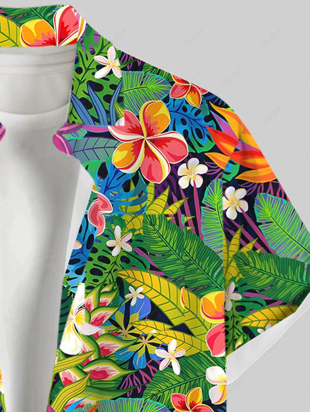Plus Size Tropical Leaf Hibiscus Flower Printed Buttons Pocket Hawaii Women Shirt