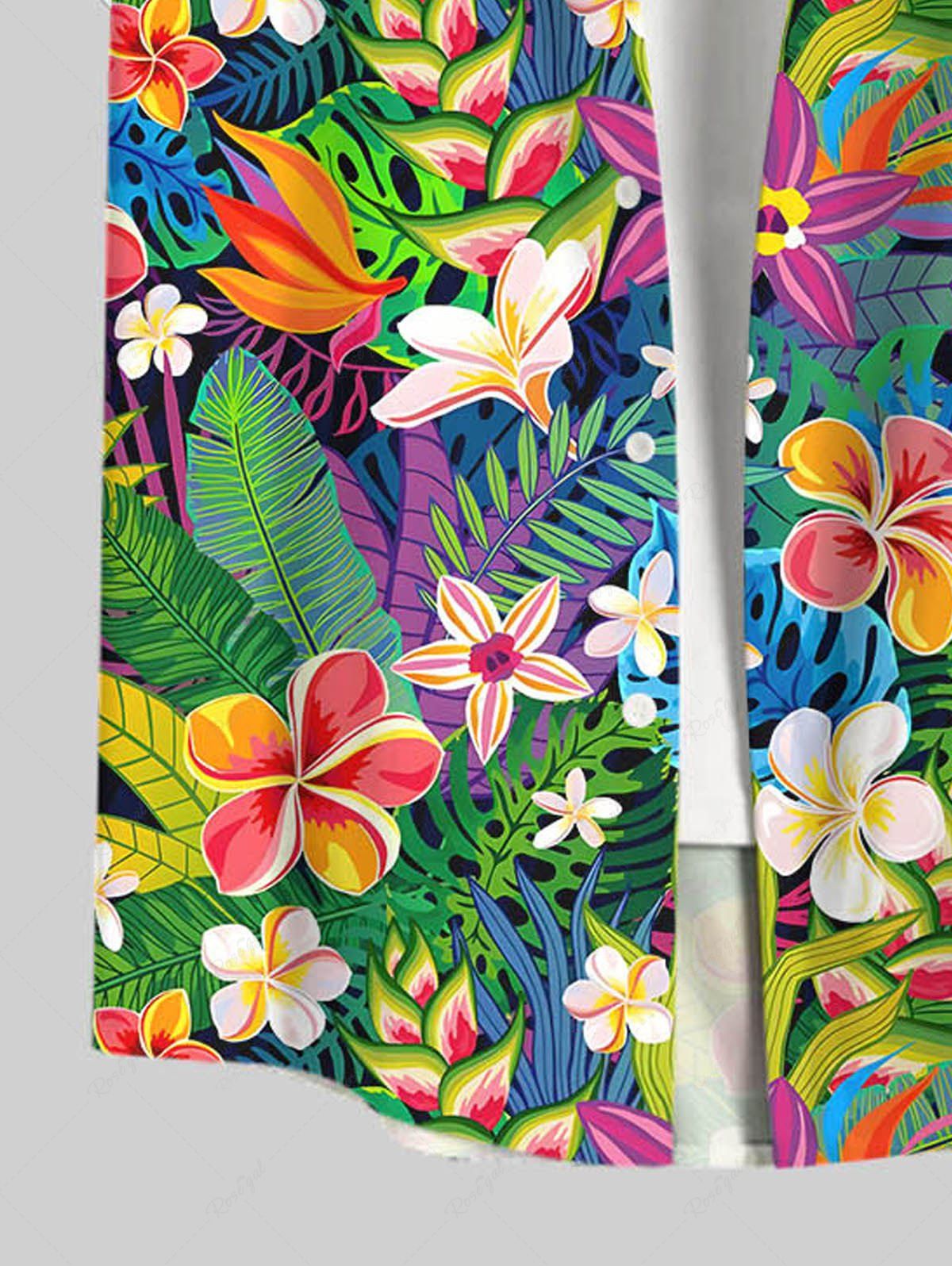 Plus Size Tropical Leaf Hibiscus Flower Printed Buttons Pocket Hawaii Women Shirt