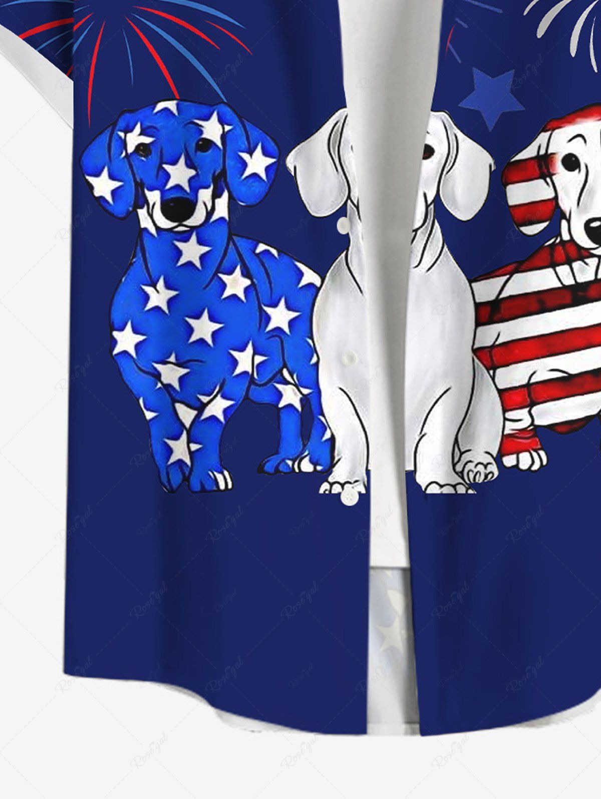 Plus Size Patriotic American Flag Dog Fireworks Printed Button Pocket Shirt For Men