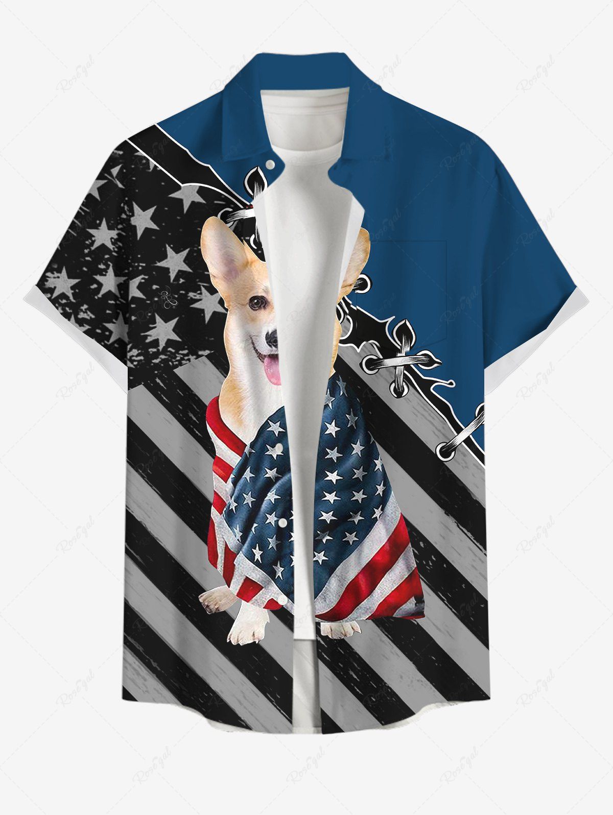 Plus Size Patriotic American Flag Dog 3D Lace Up Printed Button Pocket Shirt For Men