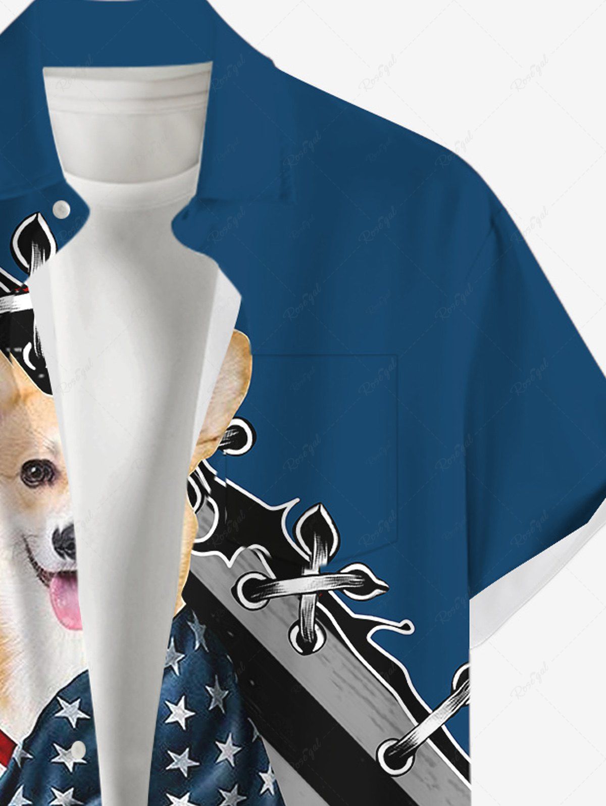 Plus Size Patriotic American Flag Dog 3D Lace Up Printed Button Pocket Shirt For Men