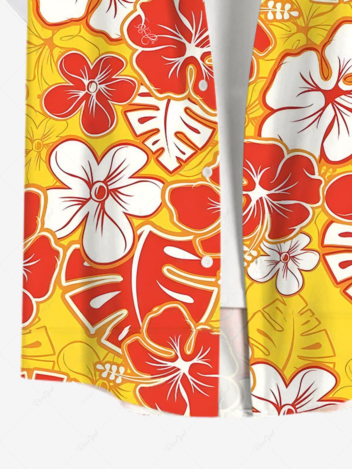 Plus Size Tripical Leaf Hibiscus Flowers Printed Buttons Pocket Hawaii Shirt For Men